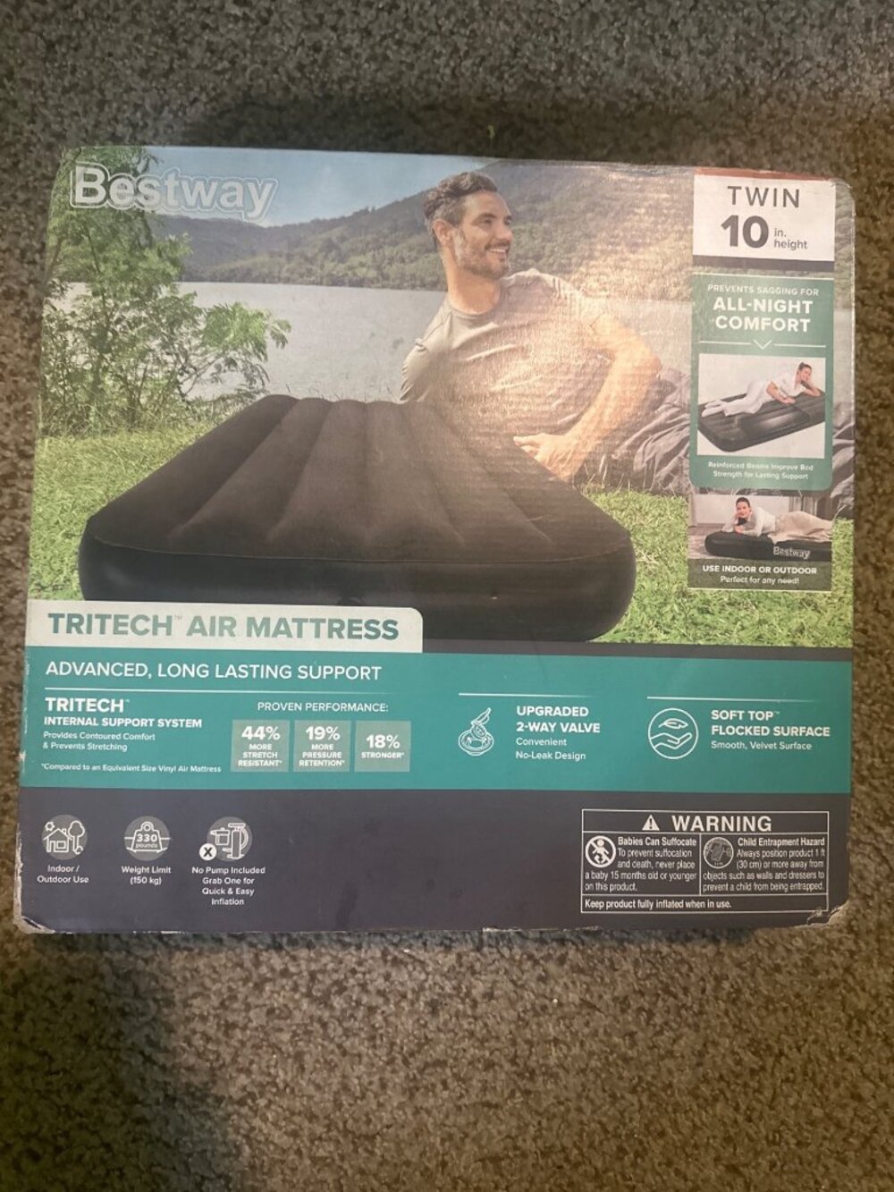 Bestway Twin 10-Inch Tritech Air Mattress With Soft Top Flocked Surface & Intern